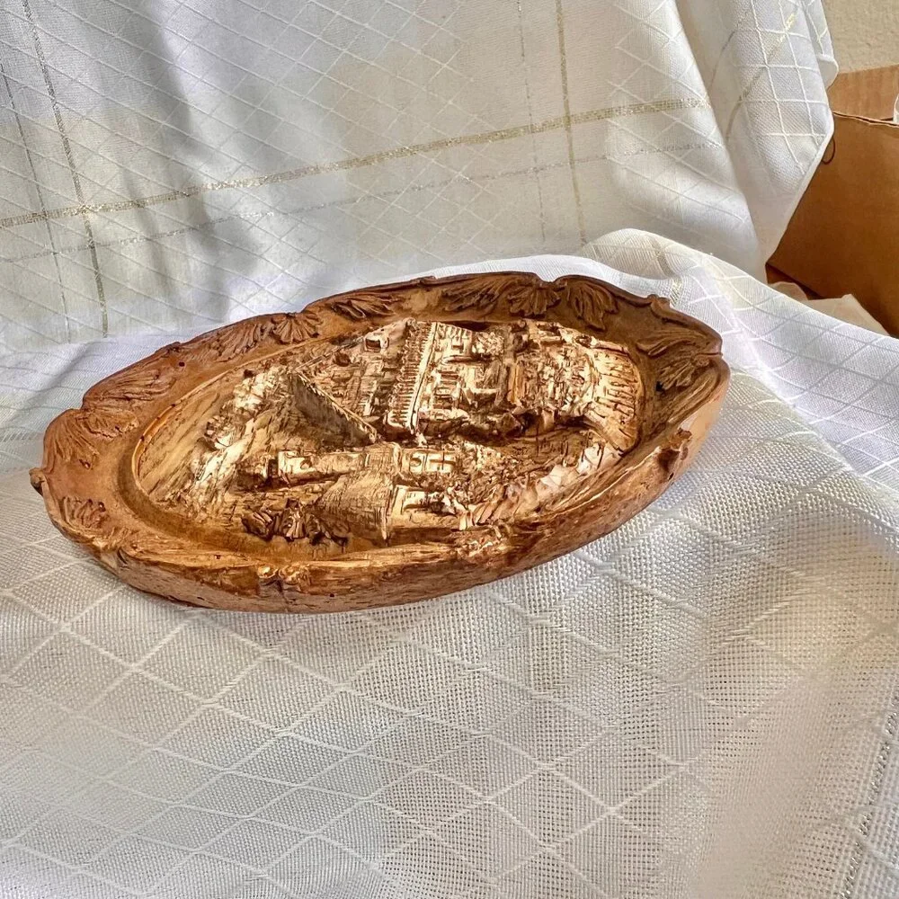 Vintage Austrian 3D Plate Decor, Faux Wood Carved Resin Pottery, Wall Decor